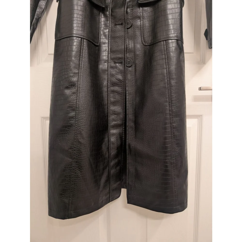 NEW Jason Wu Black Croc Embossed Faux Leather Long Trench Coat M Edgy Jacket